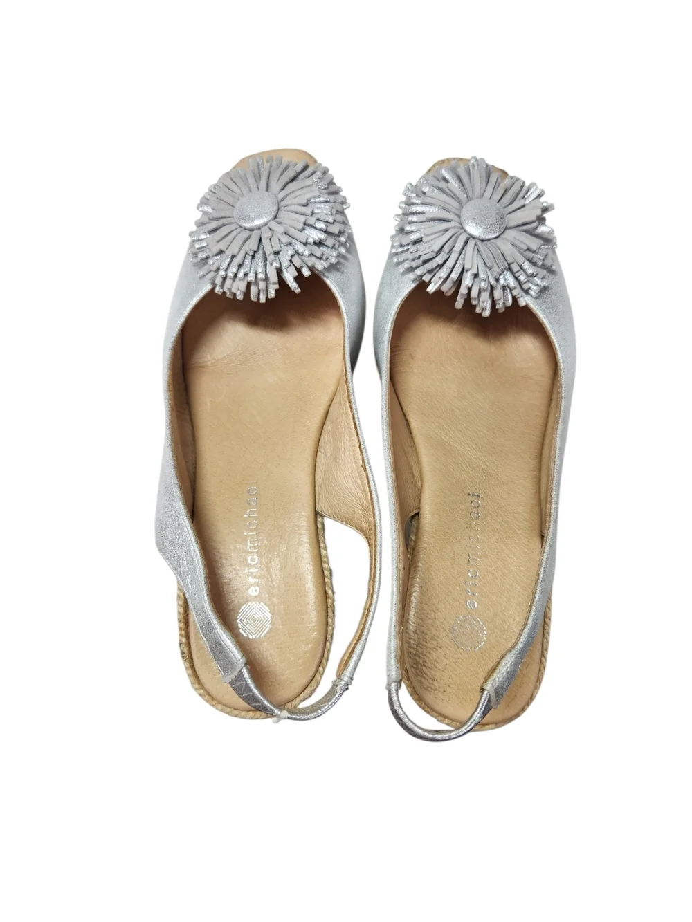 Eric Michael Silver Metallic Leather Espadrille Wedge Slingback Sandals Pom 6.5